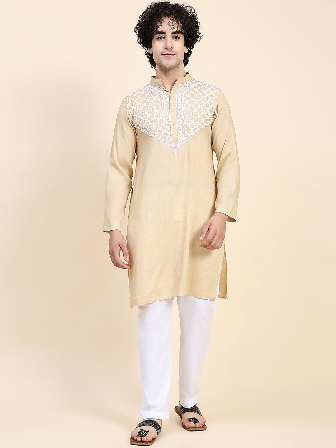 HOUSE OF KARI Ethnic Motifs Yoke Design Mandarin Collar Chikankari Pure Cotton Kurta - Distacart