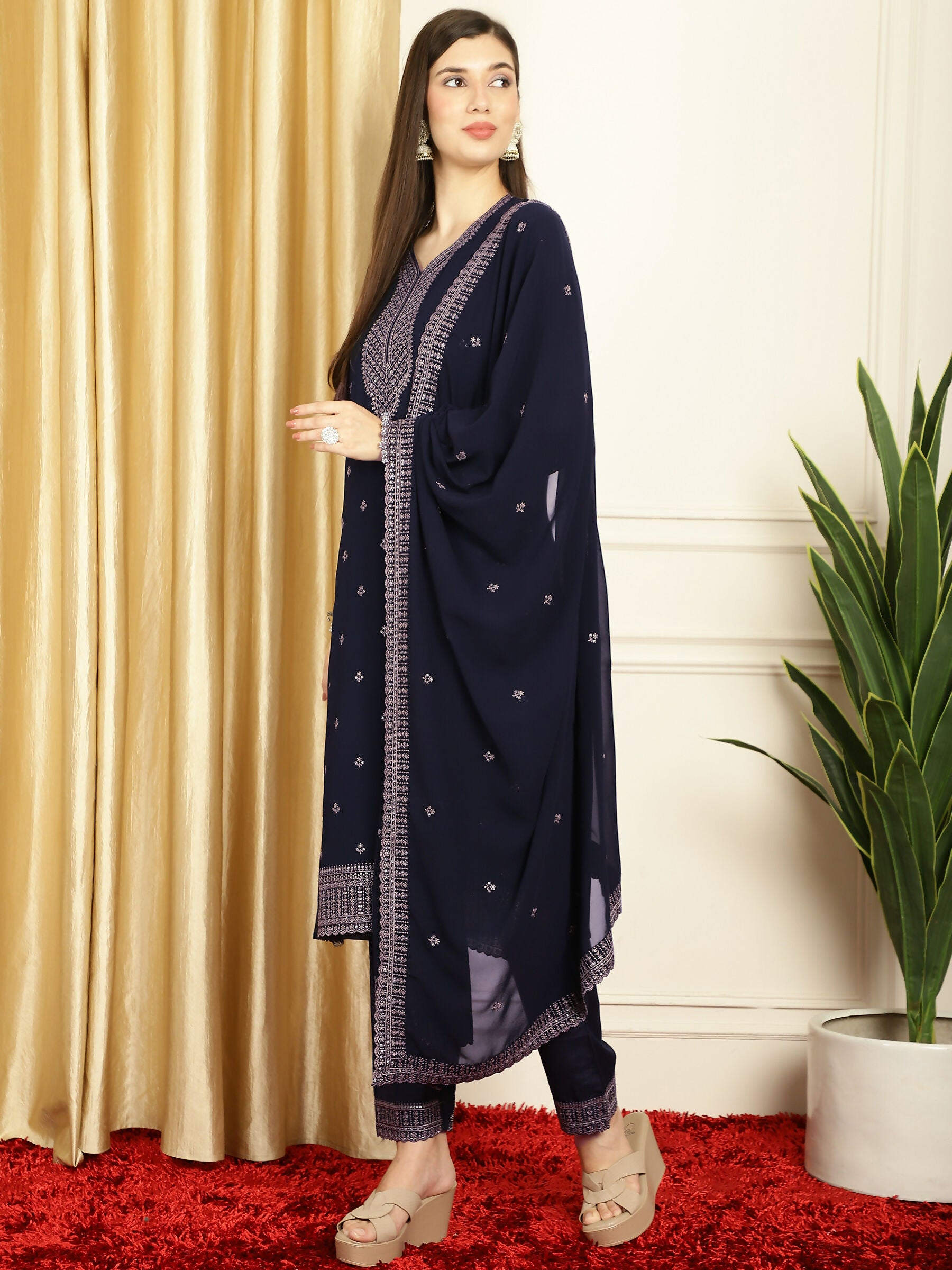 Jyoti Fashion Women's Navy Blue Georgette Resham Thread & Sequin Kurta with Trouser & Dupatta - Distacart
