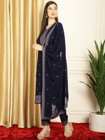 Thumbnail for Jyoti Fashion Women's Navy Blue Georgette Resham Thread & Sequin Kurta with Trouser & Dupatta - Distacart