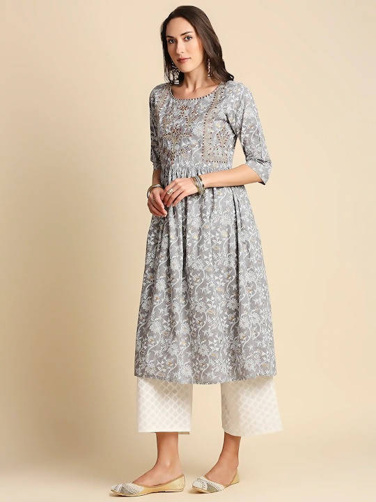 Anubhutee Grey & Red Pure Cotton Floral Printed A-Line Kurta with Trousers & Dupatta - Distacart