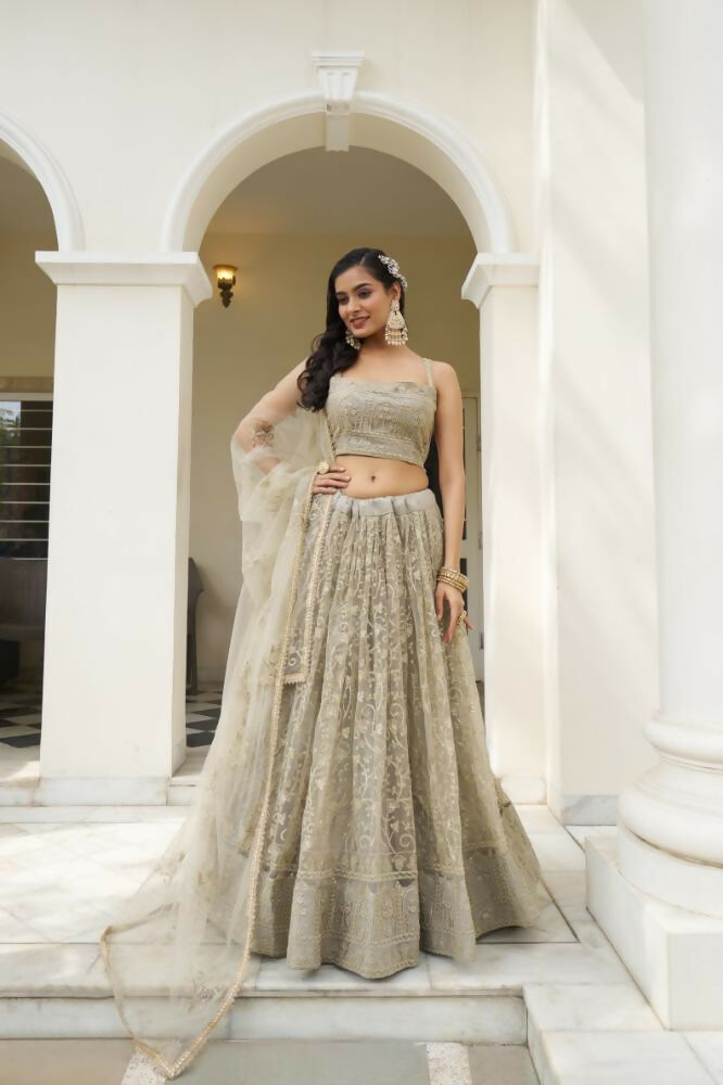 Aastha Fashion Ivory Butterfly Net Tone To Tone Cotton Thread Work And Sequence Work Embroidery Wedding Wear Lehenga Choli - Distacart