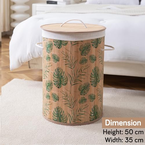 HOKIPO Eco-Friendly Foldable Bamboo Laundry Basket Hamper with Lid - Tropical Leaves - Dista