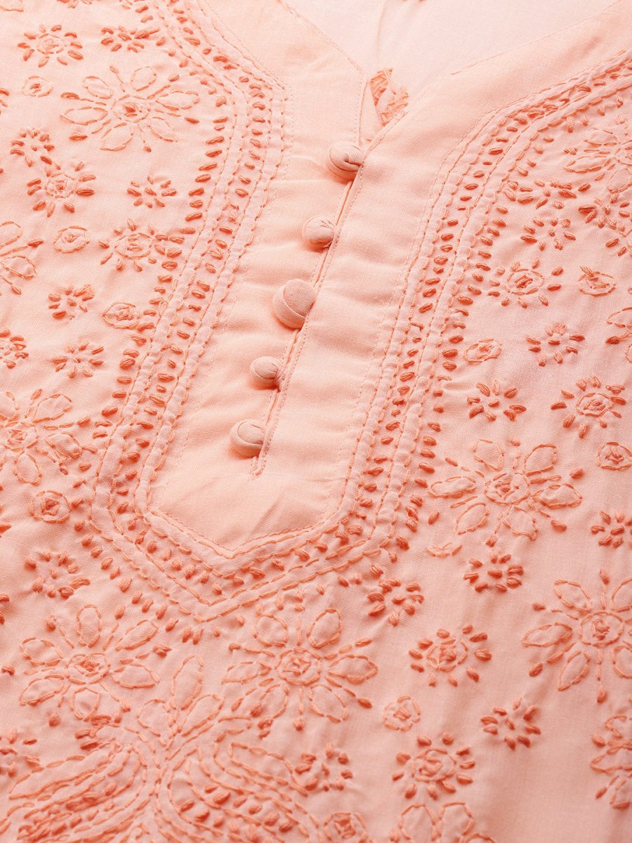 ADA Women Peach-Coloured & White Chikankari Embroidered Handloom Kurta with Cotton Trousers - Distacart