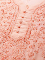 Thumbnail for ADA Women Peach-Coloured & White Chikankari Embroidered Handloom Kurta with Cotton Trousers - Distacart
