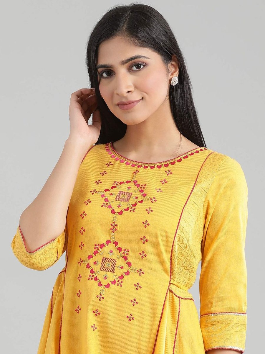AURELIA Women Yellow Embroidered A-Line Dress - Distacart
