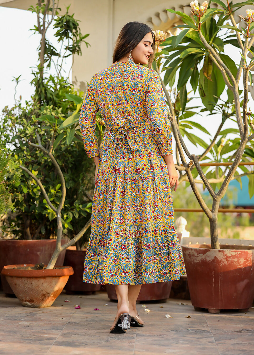 Kaajh Women's Yellow Floral Handblock Print Cotton Dress - Distacart