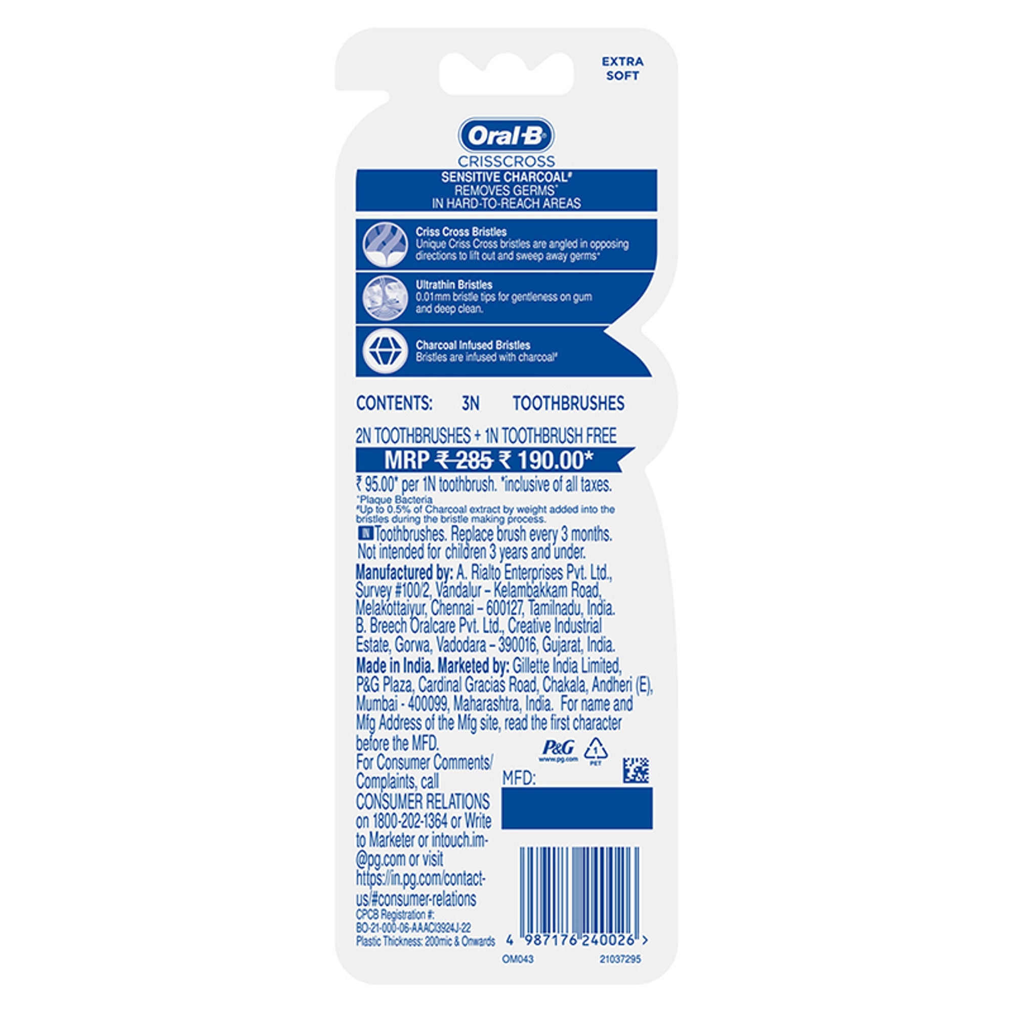 Oral-B Pro-Health Criss Cross Charcoal Toothbrush - Extra Soft (Buy 2 Get 1 Free) - Distacart