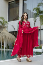 Thumbnail for The52 Women's Beautiful Vichitra Silk Fabric Embroidery Work Flared Anarkali Pant and Dupatta Set - Distacart