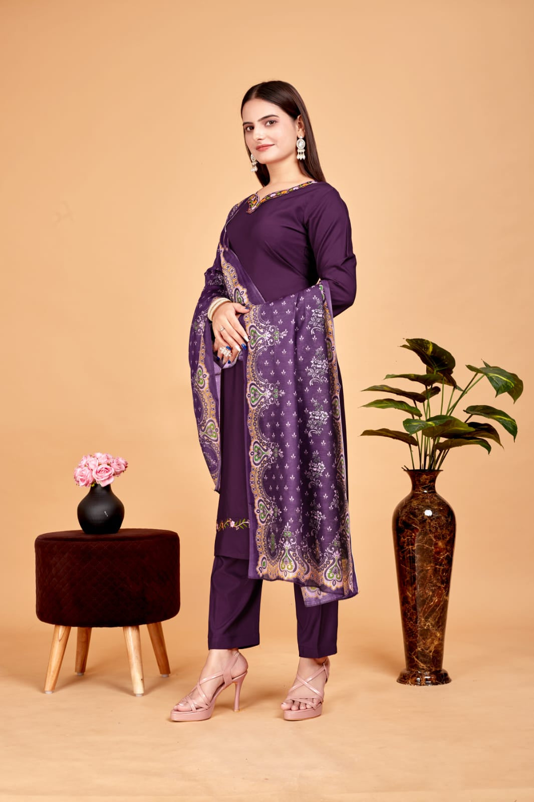 Women's Embroidered Purple Kurta Set with Dupatta Set - A2M - Distacart