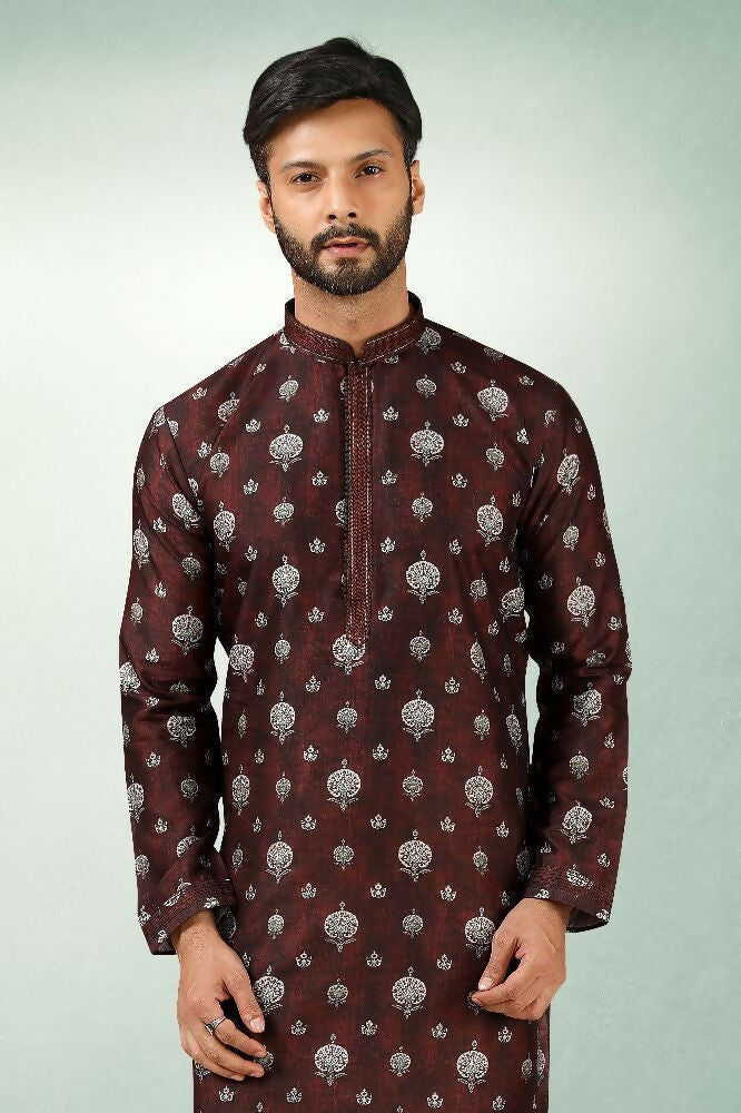 Raivat Ethnic Art Silk Printed Work Kurta Pajama In Brown Colour - Distacart