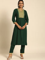 Thumbnail for All About You Women Green Ethnic Motifs Yoke Design Regular Thread Work Kurta with Trousers - Distacart