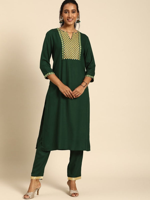 All About You Women Green Ethnic Motifs Yoke Design Regular Thread Work Kurta with Trousers - Distacart