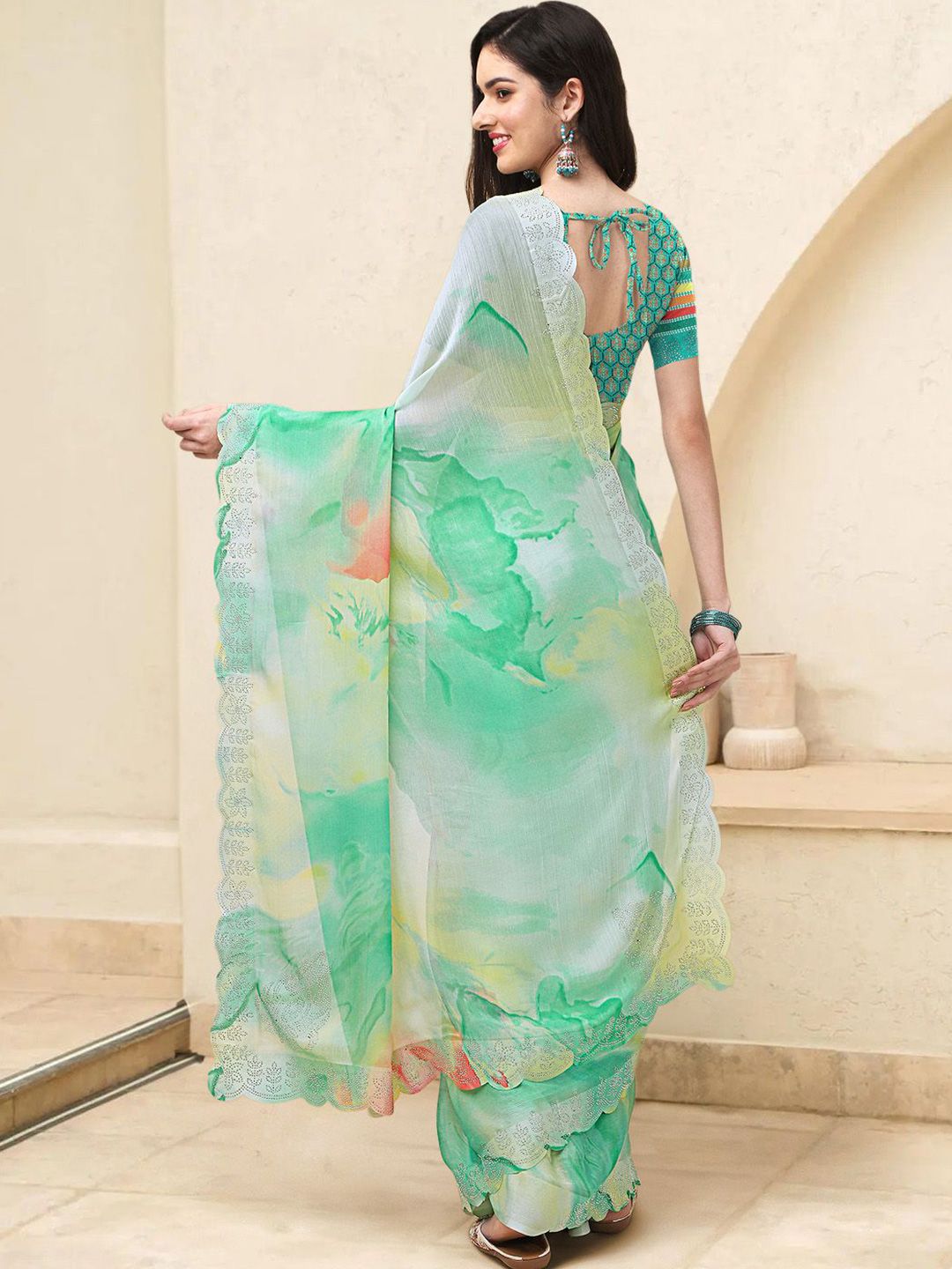 Mitera Tie and Dye Beads and Stones Poly Chiffon Ready to Wear Saree