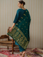 Thumbnail for Ode by House of Pataudi Blue Ethnic Motifs Straight Kurta & Trousers With Dupatta - Distacart