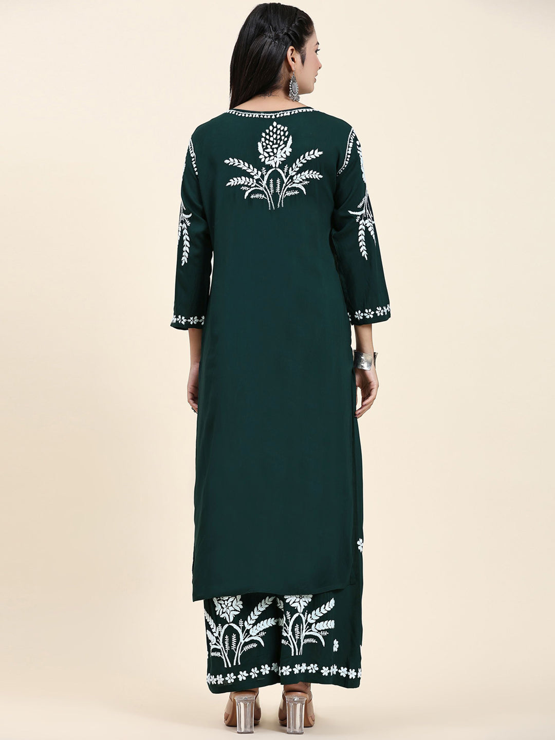 HOUSE OF KARI Floral Embroidered Chikankari Pure Cotton Straight Kurta With Palazzo - Distacart