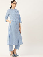 Thumbnail for Anouk Women Blue Ethnic Motifs Embroidered Panelled Pure Cotton Kurta with Trousers - Distacart