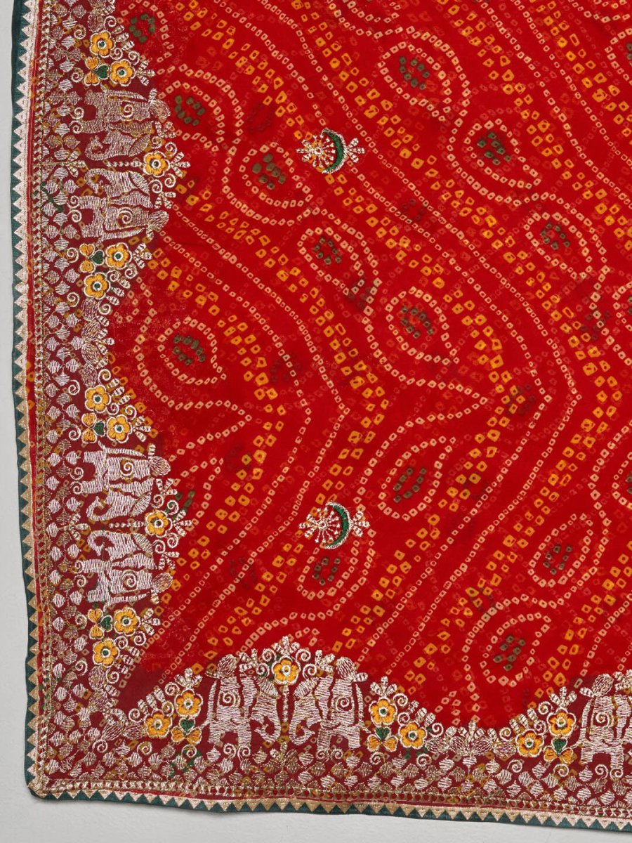 Anouk Red & White Printed & Embellished Georgette Bandhani Saree - Distacart