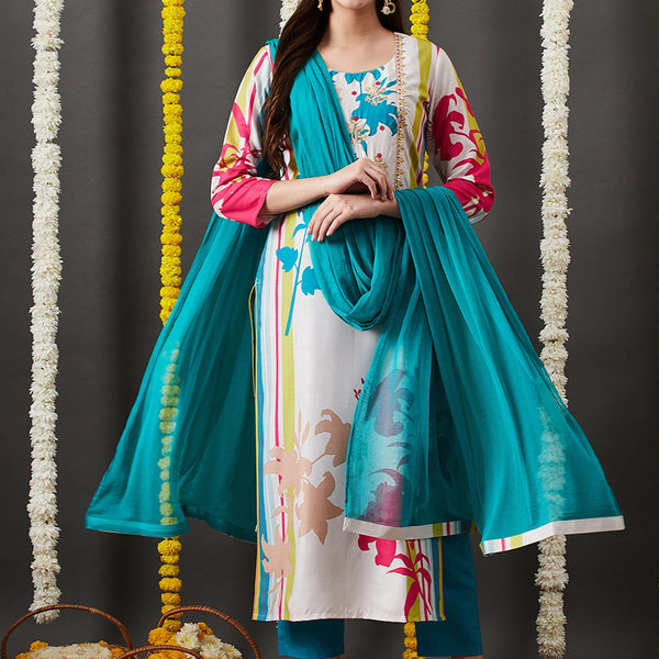Kalini Floral Printed Thread Work Detailed Straight Kurta & Trouser With Dupatta - Distacart