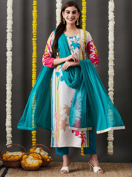 Kalini Floral Printed Thread Work Detailed Straight Kurta & Trouser With Dupatta - Distacart