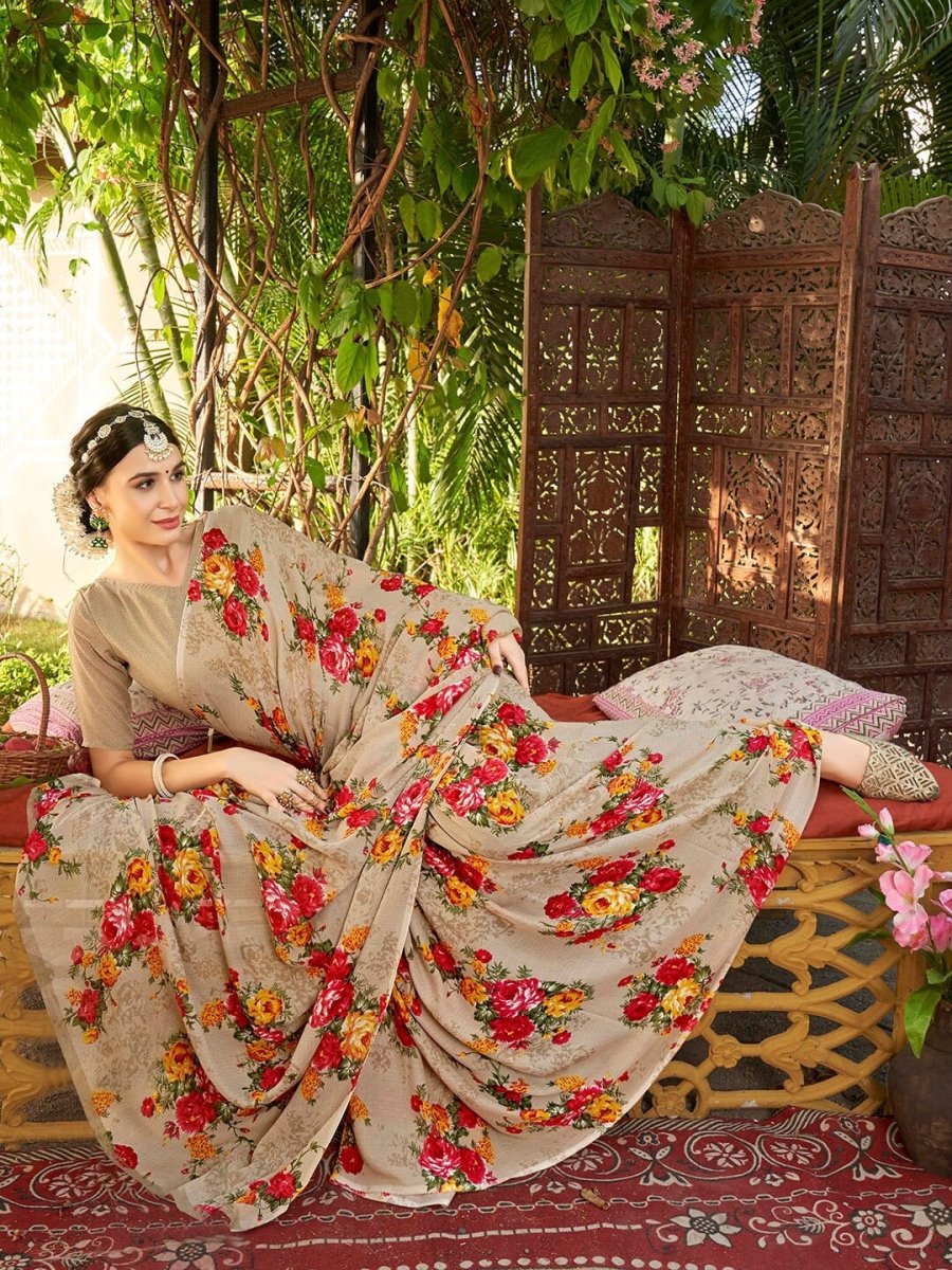 Anouk Grey & Red Floral Printed Art Silk Saree - Distacart