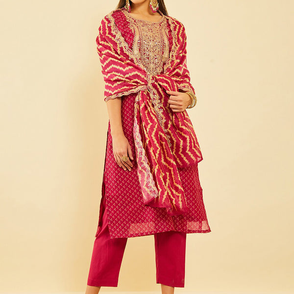 Soch Bandhani Printed Sequinned Chanderi Silk Kurta & Trousers With Dupatta - Distacart