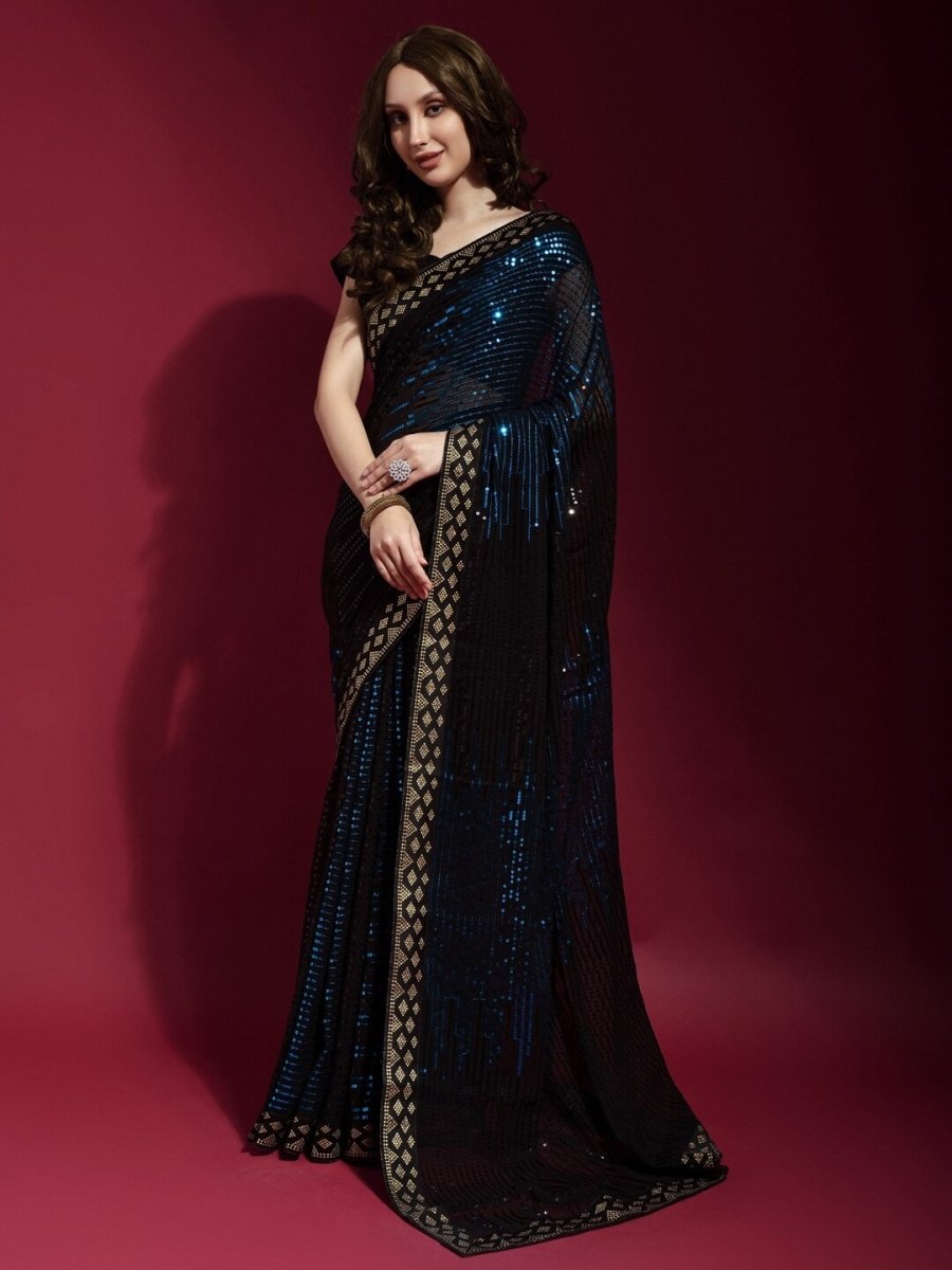 Anouk Black & Blue Embellished Sequinned Pure Georgette Saree - Distacart