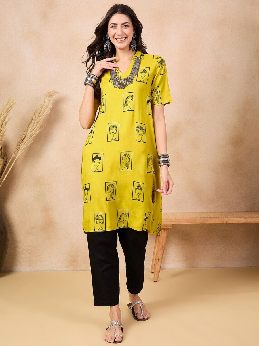 Anouk Mustard Yellow Ethnic Motifs Printed Shirt Collar A-Line Kurta