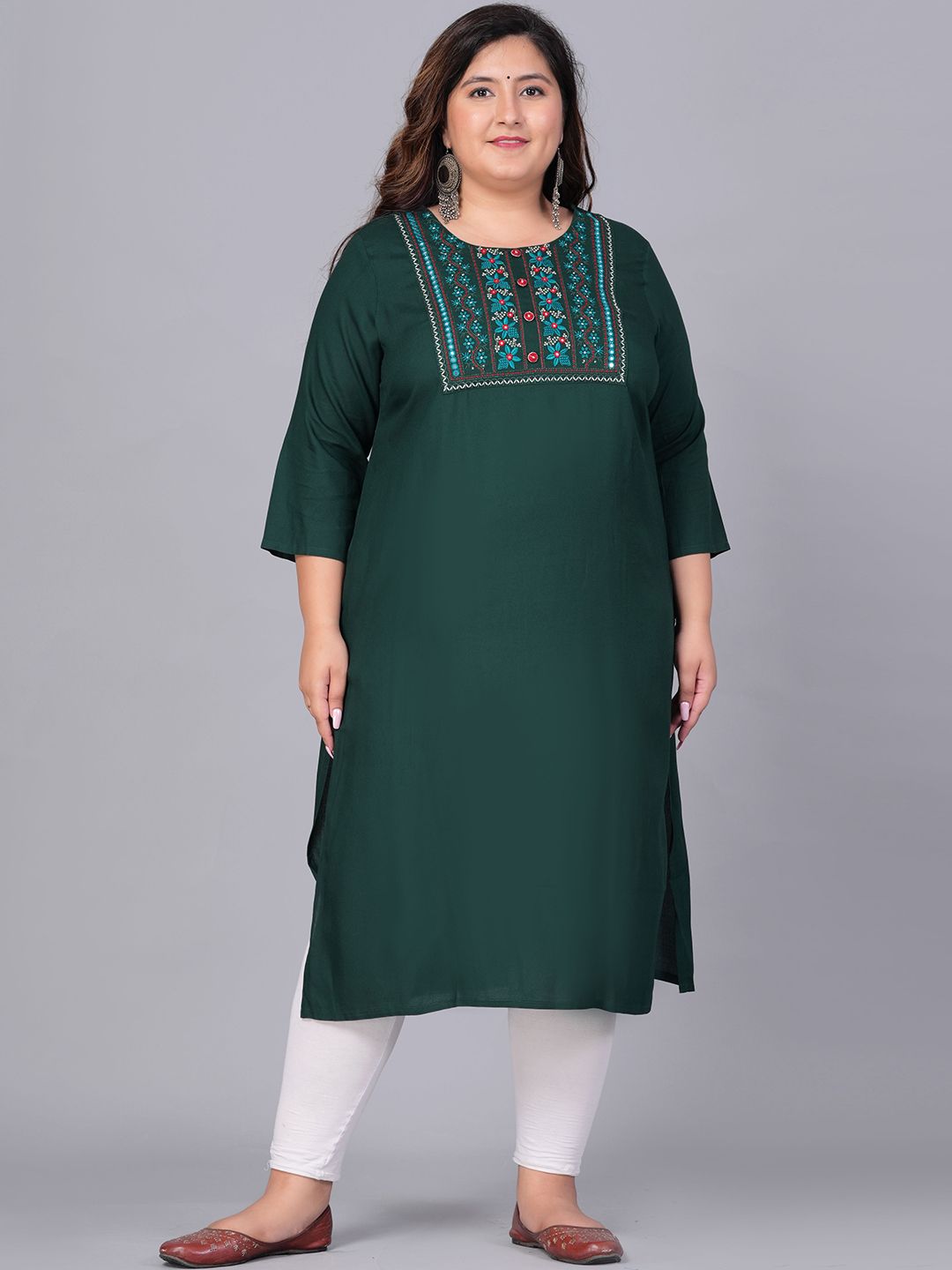 Sztori Plus Size Embroidered Yoke Design Round Neck Three-Quarter Sleeves Straight Kurta - Distacart