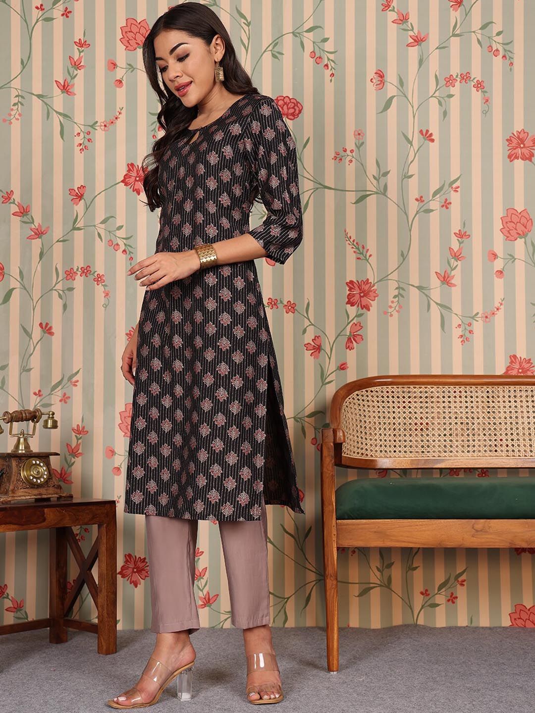 Ode by House of Pataudi Keyhole Neck Printed Regular Chanderi Silk Straight Kurta Set - Distacart