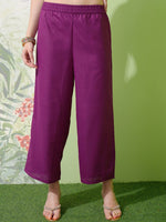 Thumbnail for Vishudh Purple Yoke Design Thread Work Straight Kurta With Palazzos & Dupatta