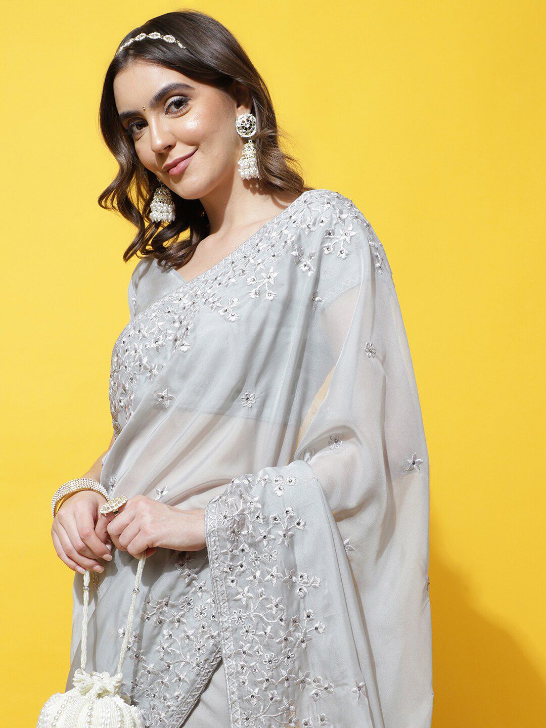 kasee Floral Embroidered Organza Saree - Distacart