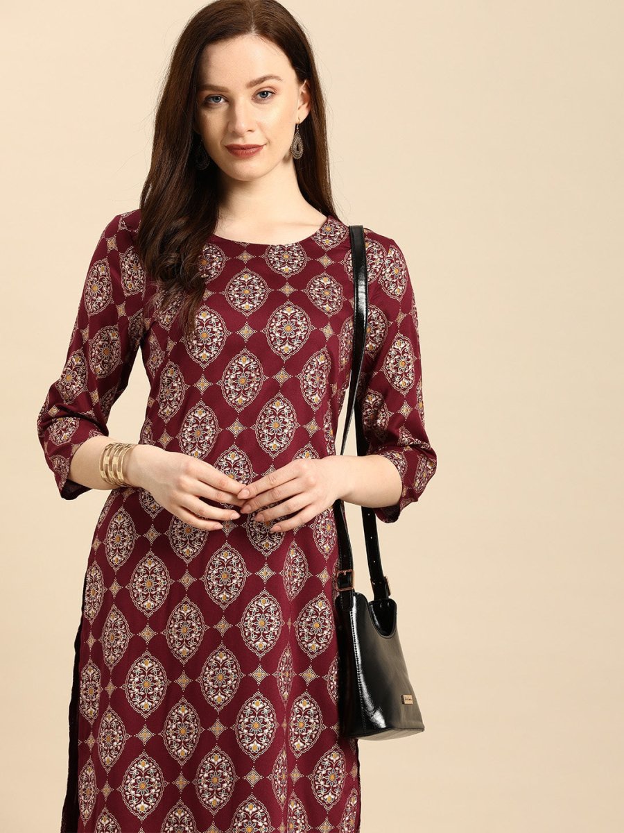 All About You Women Maroon Printed Kurta with Trousers - Distacart