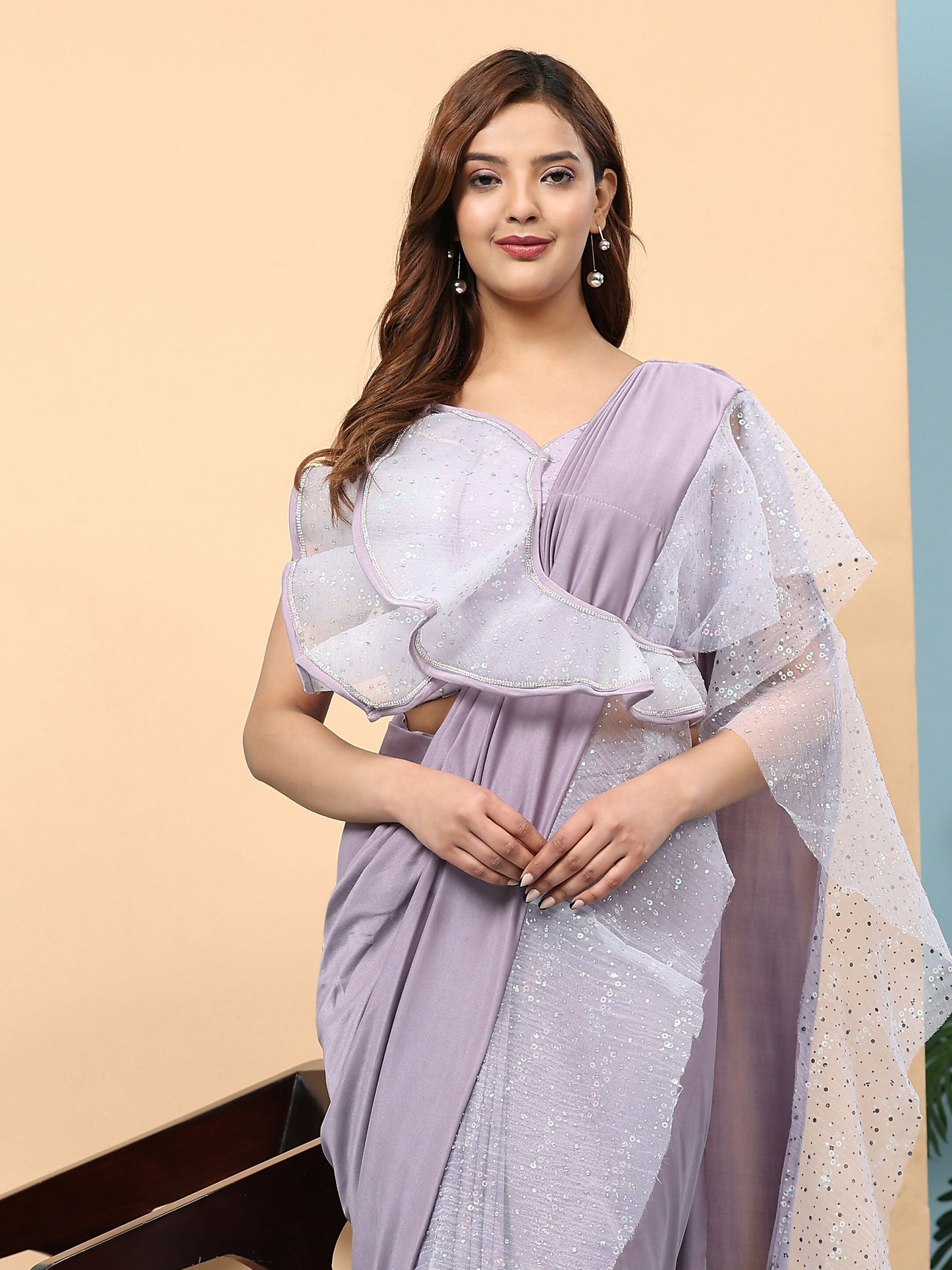 Light Purple Lycra Solid Ready to Wear Saree with stitched Blouse - Nita - Distacart