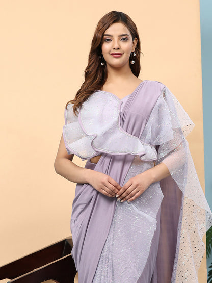 Light Purple Lycra Solid Ready to Wear Saree with stitched Blouse - Nita - Distacart