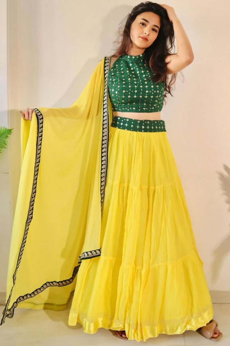Jyoti Fashion Yellow Three Lair Frill Georgette Lehenga Choli with Dupatta - Distacart