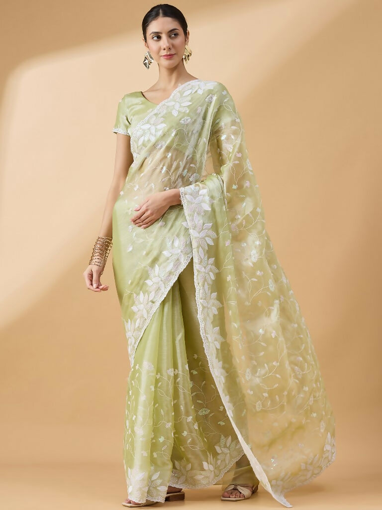 Green Tissue Slub Embroidered Saree with Unstitched Blouse - Vairagi - Distacart