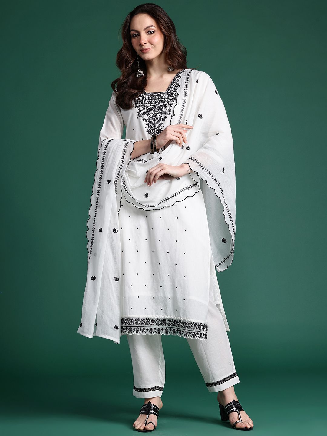 Indo Era Floral Embroidered Pure Cotton Kurta with Trousers & Dupatta