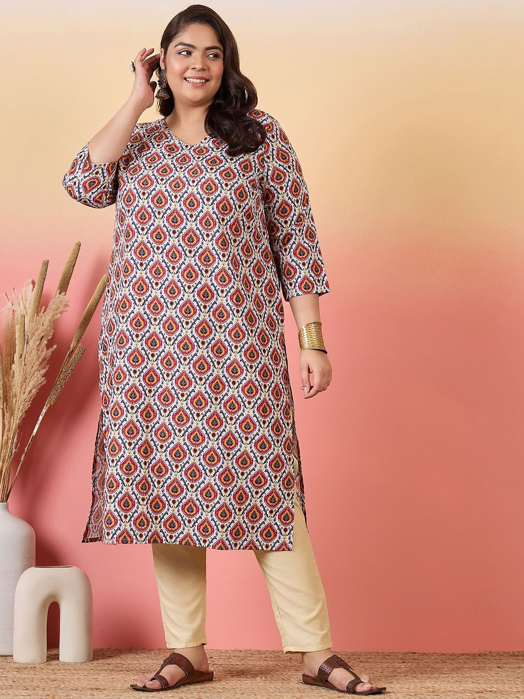 Sztori Plus Size Ethnic Motifs Printed V-Neck Crepe Straight Kurta - Distacart
