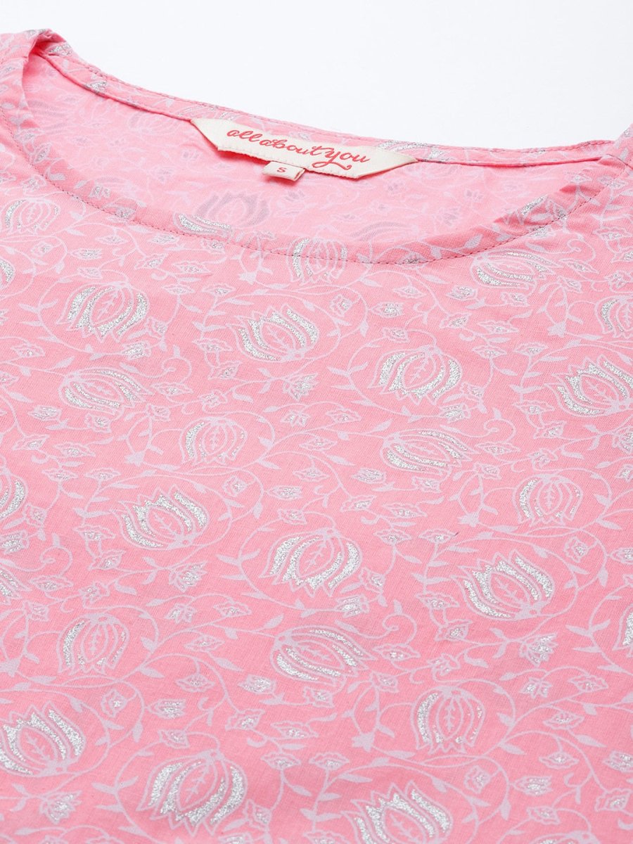 All About You Women Pink Ethnic Motifs Printed Pure Cotton Kurta with Trousers - Distacart