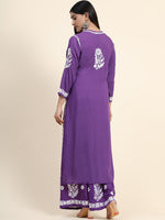 Thumbnail for HOUSE OF KARI Women Purple Floral Embroidered Chikankari Pure Cotton Kurta with Palazzos - Distacart