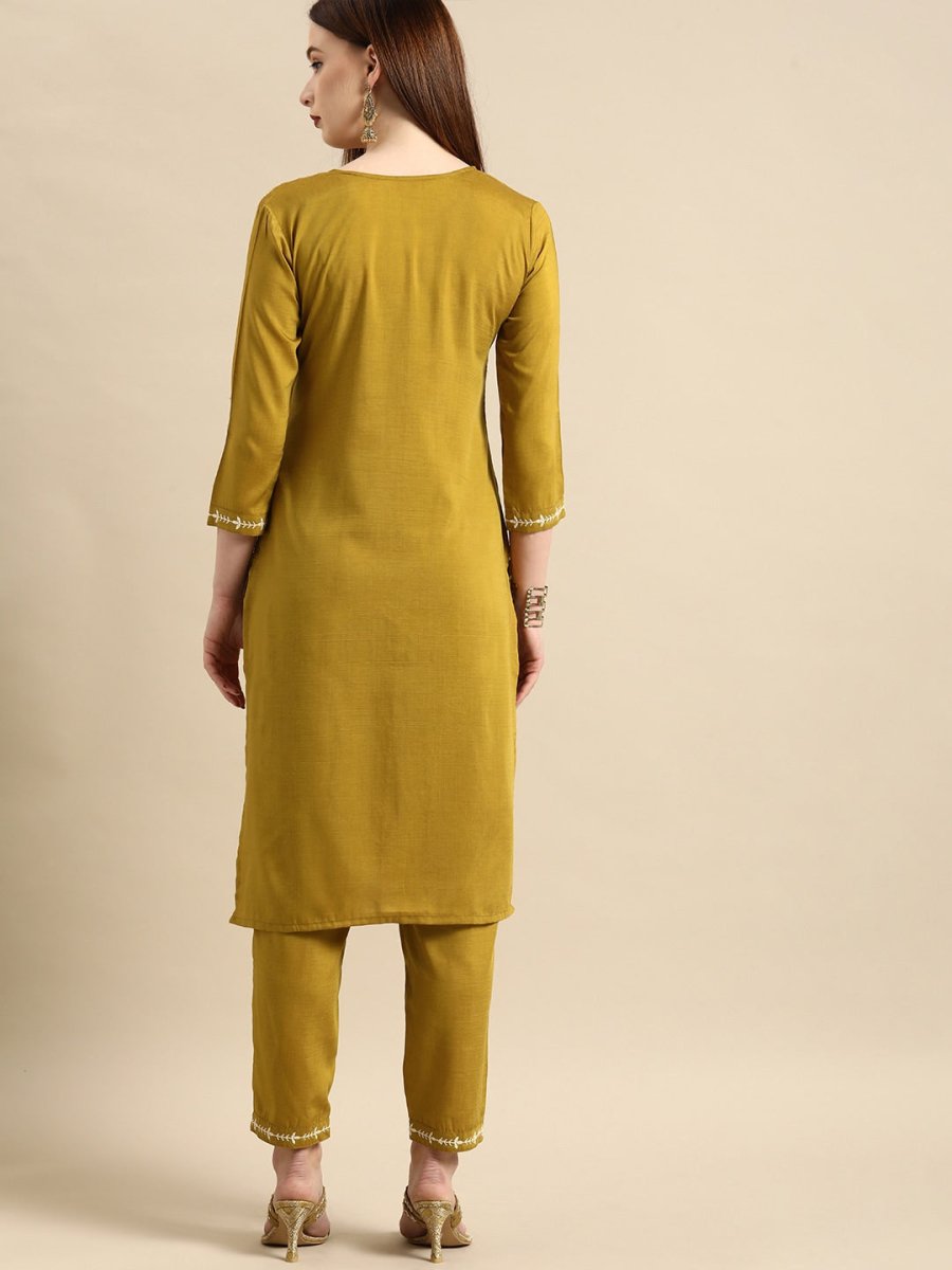 All About You Women Mustard Yellow Floral Embroidered Thread Work Kurta with Trousers - Distacart