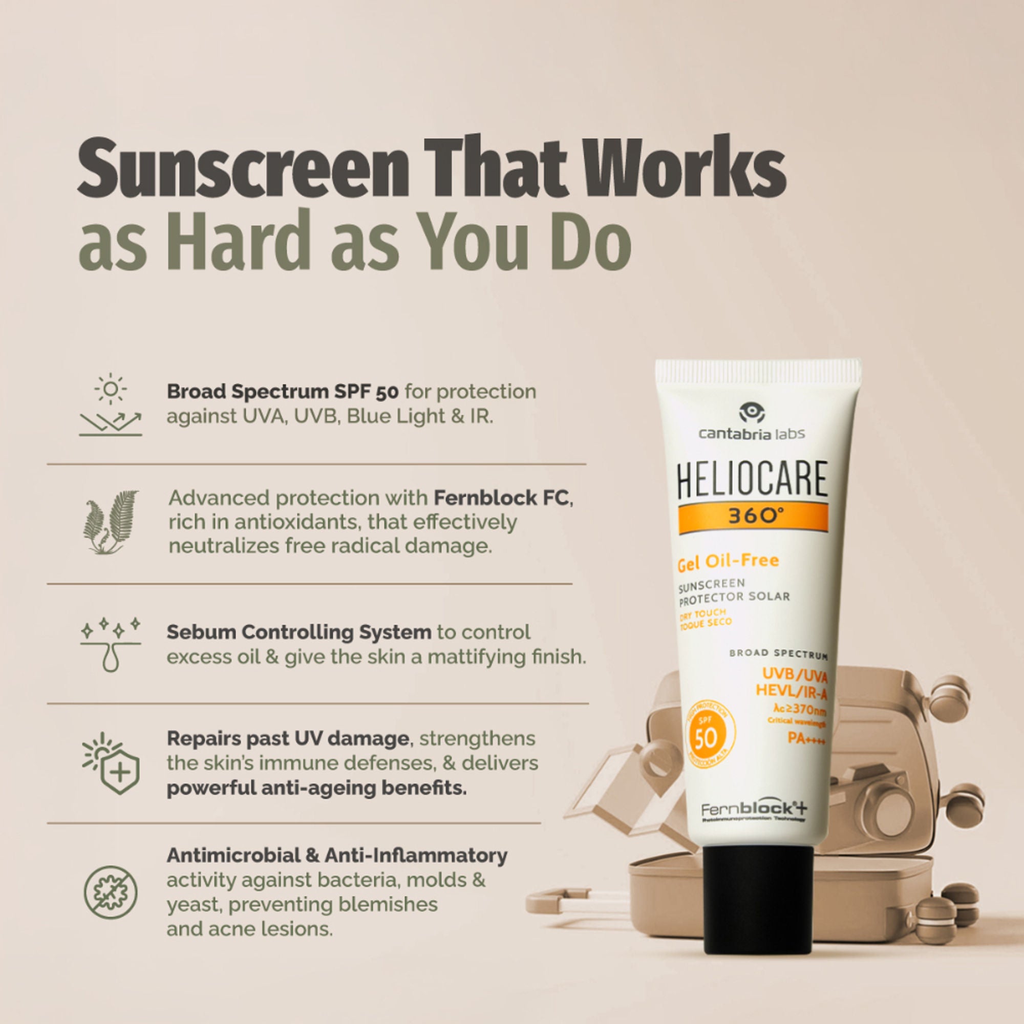 Heliocare 360 Gel Oil-Free Sunscreen SPF 50 Pa++++ Oily & Combination Skin, Anti-Acne, Matte Finish - Distacart