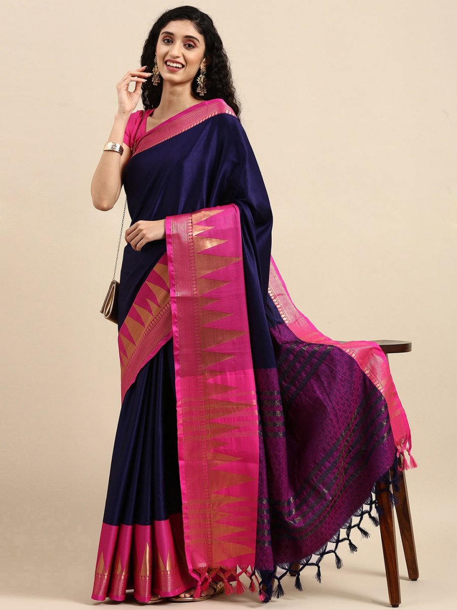 Anouk Navy Blue Woven Design Pure Silk Kanjeevaram Saree - Distacart