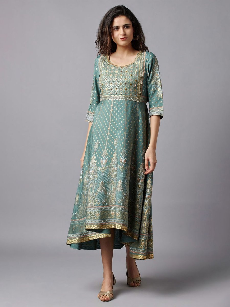 AURELIA Green & Gold-Toned Ethnic Motifs Printed A-Line Midi Dress - Distacart