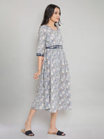 Thumbnail for AURELIA Grey Floral Printed Midi Pure Cotton Dress