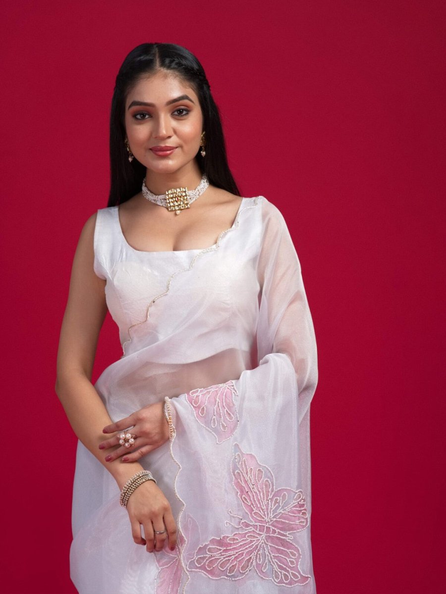 Anouk White Embellished Beads & Stones Organza Saree - Distacart