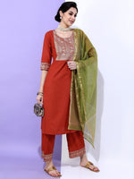 Thumbnail for Vishudh Women Rust & Green Yoke Design Straight Kurta with Trousers & With Dupatta