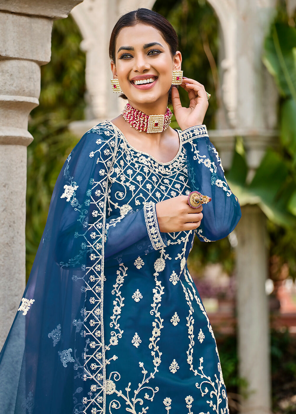 Prussian Blue Stone & Cording Work Festive Palazzo Suit - Emponline - Distacart