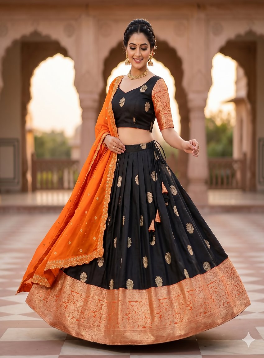 Teeya Creation Elegant Black Border Work Festive Chaniya Choli Set for Women - Dista