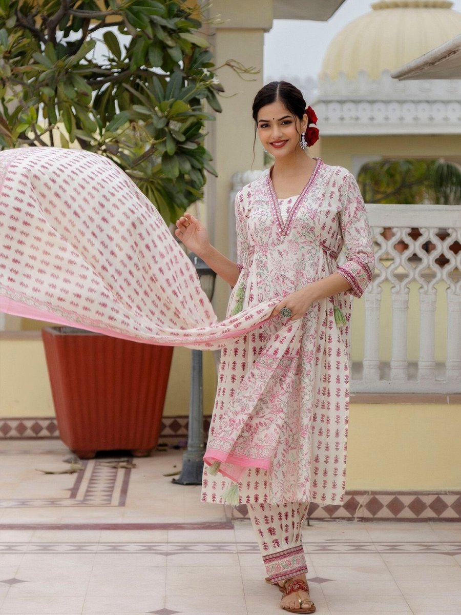 Anouk Floral Yoke Design Pure Cotton A-Line Kurta with Patiala & Dupatta